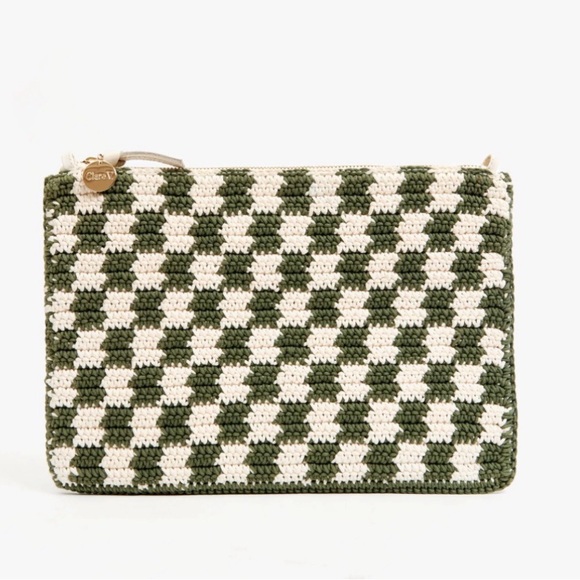 Clare V flat clutch with tabs olive and cream crochet checker origional $195 - Picture 3 of 9